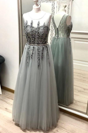 Gray A Line Tulle Appliques Prom Dresses, Long Cheap Prom Gown INK29
