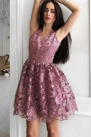 Unique A-Line V-Neck Short Purple Lace Homecoming Dress,Graduation Dresses INB01