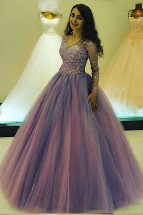 Princess Long V Neck Appliques Ball Gown Prom Dress With Long Sleeves INB43