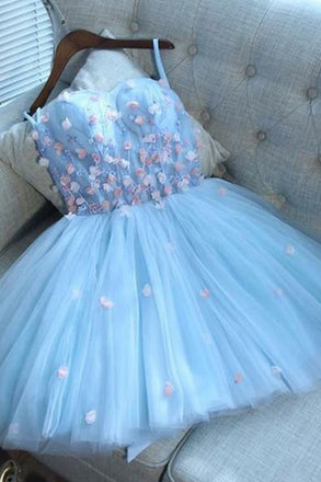 A-Line Sweetheart Short Blue Tulle Homecoming Dress with Appliques IND12