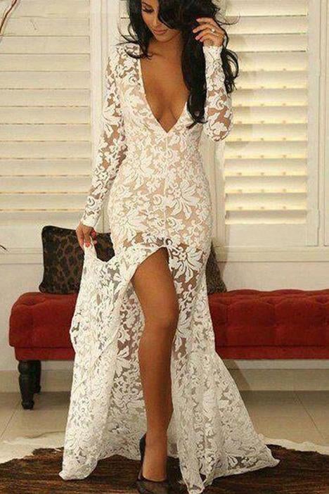 Fashion Mermaid Deep V-Neck Long Sleeves Split Front Ivory Lace Prom Dress IN755