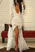 Fashion Mermaid Deep V-Neck Long Sleeves Split Front Ivory Lace Prom Dress IN755