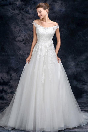 A Line Off the Shoulder Appliques Tulle Long Wedding Dress, Bridal Dresses INQ26