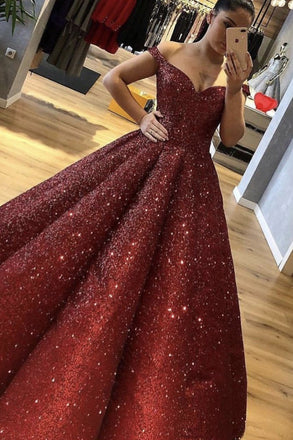 Burgundy Off the Shoulder Sequined Ball Gown Prom Dress INI82