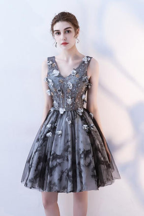 V Neck A Line Flowers Homecoming Dresses, Short Grey Prom Dress INN60