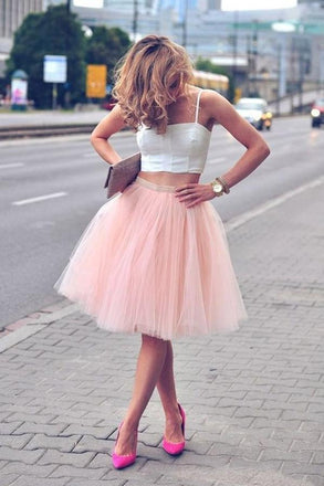 Two Piece Pink Spaghetti-Strap Tulle Sleeveless White Top Homecoming Dresses IN294