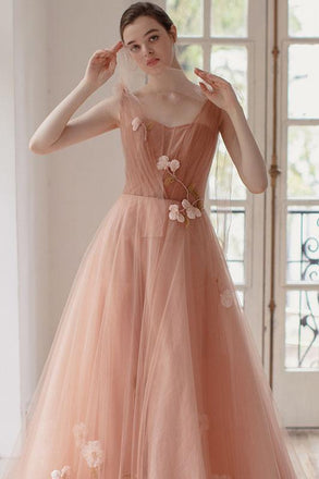 Charming A Line Long Tulle Prom Dresses With Flowers INK59