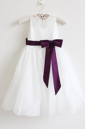 Light Ivory Lace Tulle Sleeveless Floor-length Flower Girl Dress With Eggplant Sash/Bows  IN213