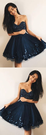 Cheap A-Line Sweetheart Navy Blue Tulle Short Homecoming Dress with Beading INC40