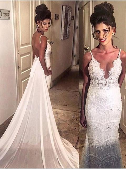 Elegant Spaghetti Straps Mermaid Long Lace Backless Wedding Dresses with Court Train INB02