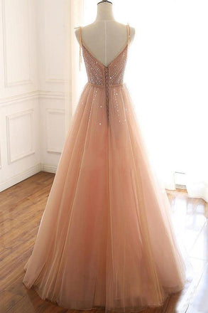 A Line Lace Up Back Spaghetti Straps Evening Dress Coral Tulle Sequins Prom Dresses INS15