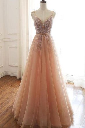 A Line Lace Up Back Spaghetti Straps Evening Dress Coral Tulle Sequins Prom Dresses INS15