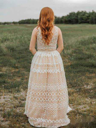 Ivory V Neck Long Lace Plus Size Prom Dresses with Pocket Vintage Formal Dress INH66