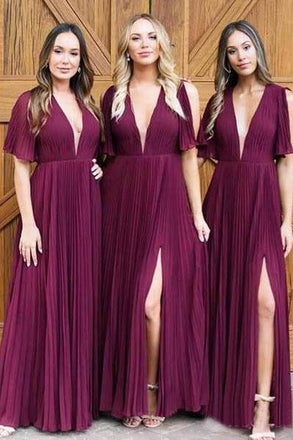V Neck Short Sleeve Burgundy Long Bridesmaid Dresses Side Slit INO20