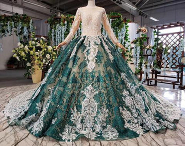 Green Long Sleeves Ball Gown Lace Prom Dress with Appliques, Long Prom Gown INP51
