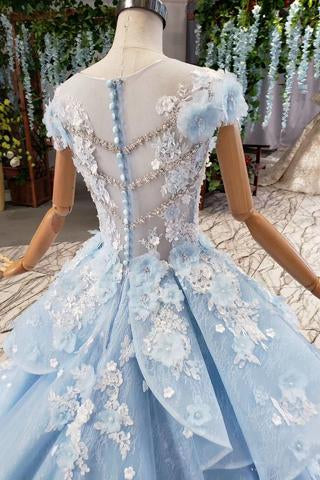 Princess Light Sky Blue Prom Dress with Flowers, Ball Gown Quinceanera Dress INP50