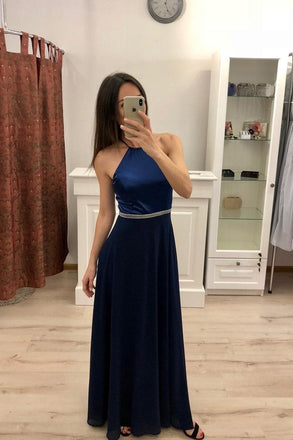 A Line Navy Blue Chiffon Long Prom Dresses,Cheap Party Dresses INI81