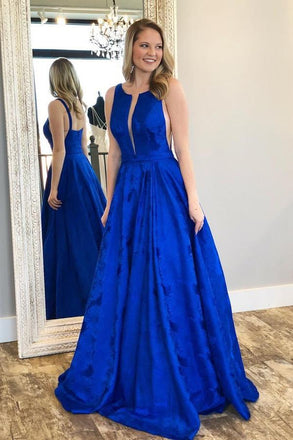 Charming A-Line Crew Floor-Length Royal Blue Printed Satin Prom Dresses INJ9