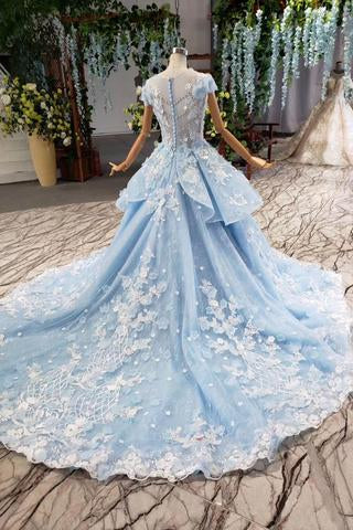 Princess Light Sky Blue Prom Dress with Flowers, Ball Gown Quinceanera Dress INP50