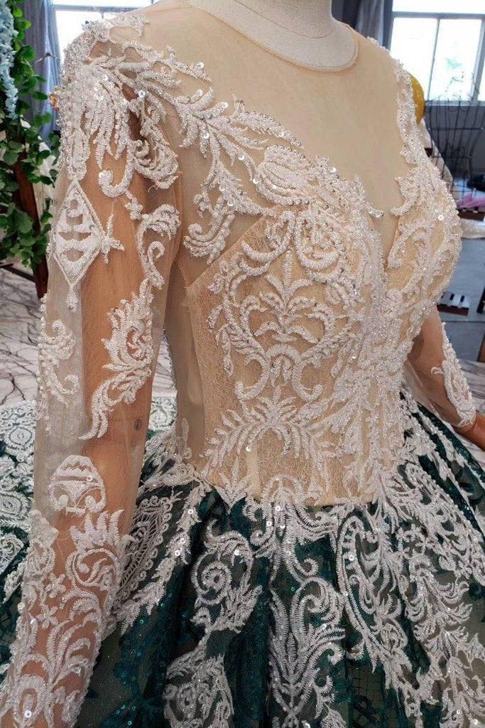 Green Long Sleeves Ball Gown Lace Prom Dress with Appliques, Long Prom Gown INP51