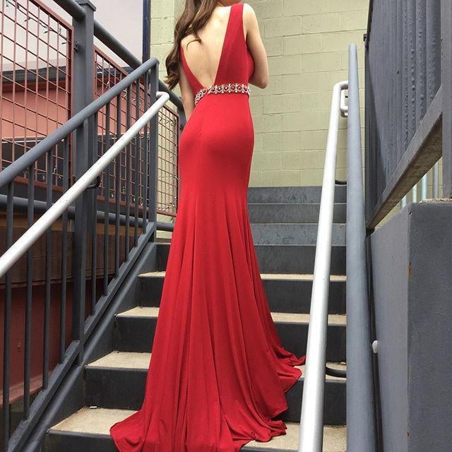Red Deep V Neck Mermaid Evening Prom Dresses, Long Sexy Party Prom Dress IN118