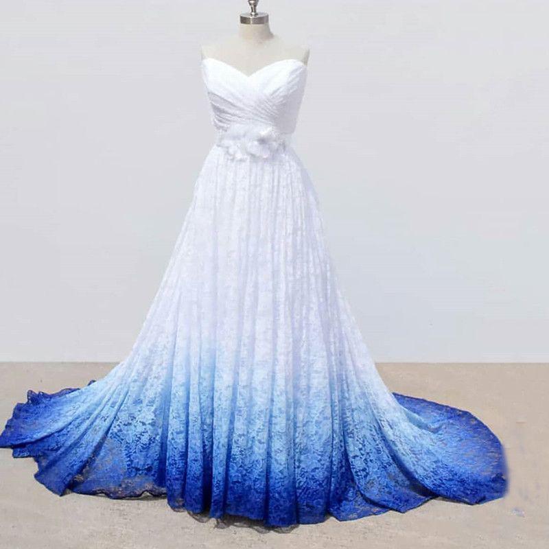 White and Blue Sweetheart Lace Wedding Dress, Ombre Wedding Dresses with Flowers INQ69