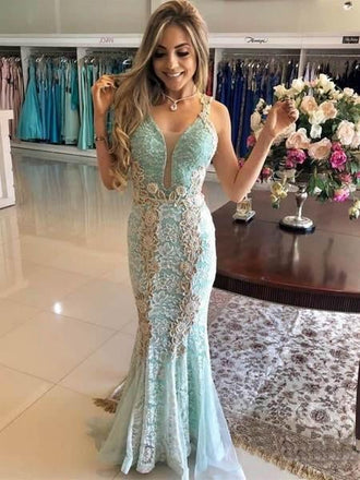 Vintage Mint Lace Mermaid Prom Dresses V Neck Elegant Formal Party Dress INI26