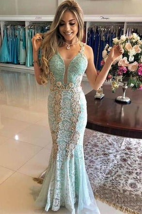 Vintage Mint Lace Mermaid Prom Dresses V Neck Elegant Formal Party Dress INI26