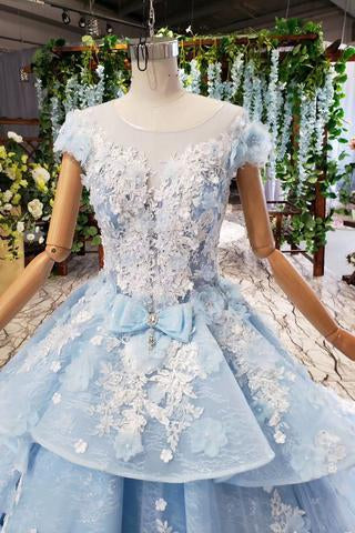 Princess Light Sky Blue Prom Dress with Flowers, Ball Gown Quinceanera Dress INP50