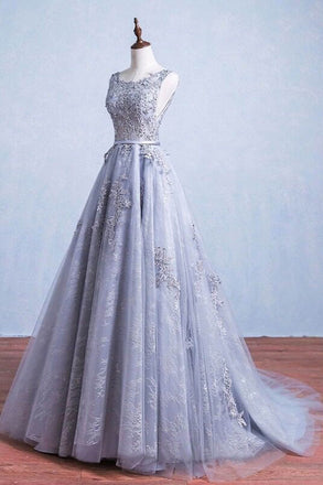 Glamorous A-Line Round Neck Gray Tulle Ball Gown Long Prom Dress IN142