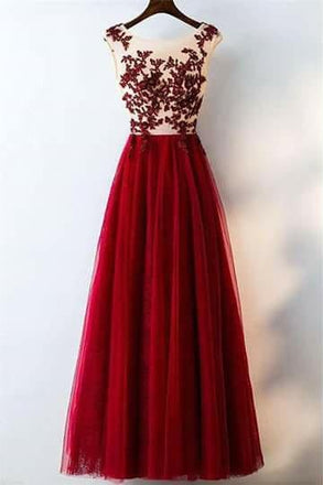 Charming Red A Line Long Tulle Lace Appliques Prom Dresses INC21