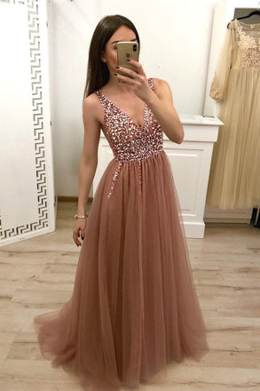 A Line V Neck Tulle Long Beaded Prom Dress, Cheap Evening Gown INH57
