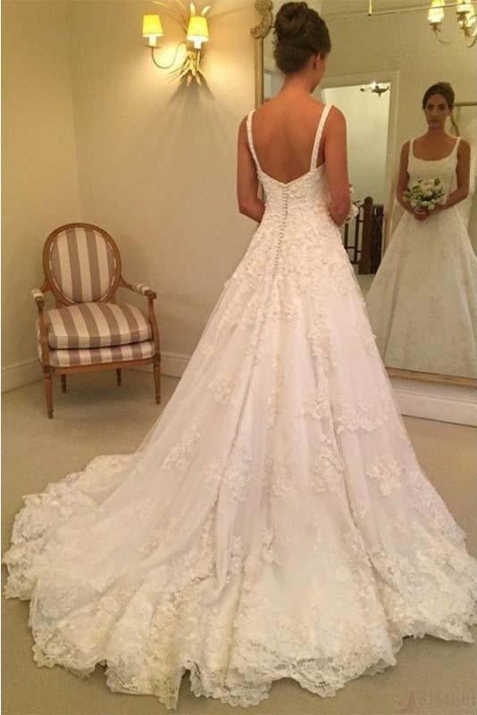 Elegant A Line Appliques Scoop Long Wedding Dresses INE93