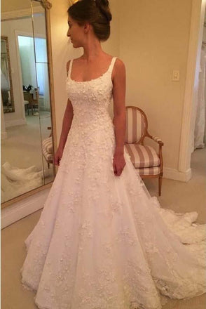 Elegant A Line Appliques Scoop Long Wedding Dresses INE93
