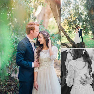 Princess A-line Lace Tulle Wedding Dresses,Scoop Neck 3/4 Sleeve Long Bridal Gowns IN376