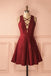 Simple Burgundy Satin A-line Deep V-neck Short Homecoming/Prom Dresses,Graduation Dresses IN424
