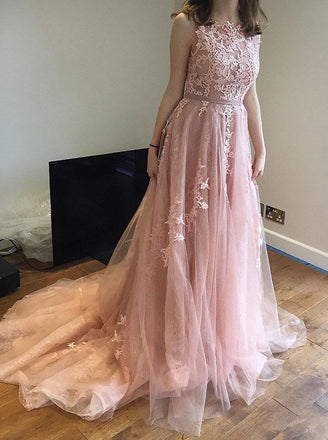 A-Line Court Train Backless Pink Tulle Prom Dress with Lace Appliques INE41