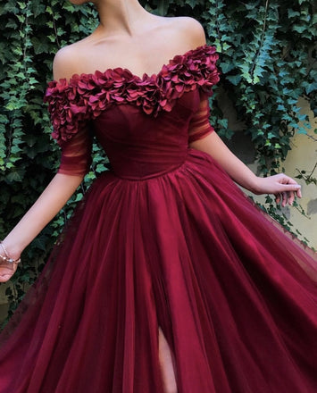 Burgundy Off the Shoulder Maroon A Line Long Tulle Pom Dresses 2019 ING91