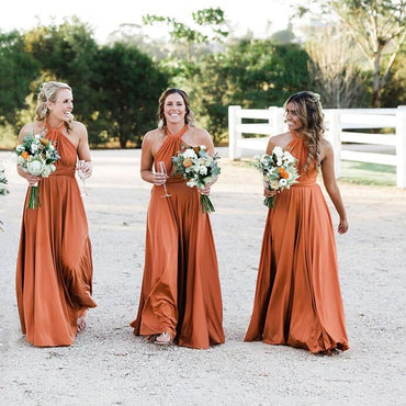 A Line Halter Orange Cheap Long Bridesmaid Dresses ING57