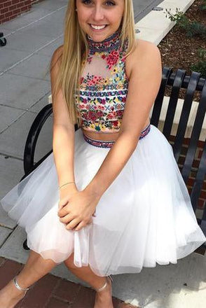 Off White Two Piece Embroidery High Neck Tulle Homecoming Dress INM27