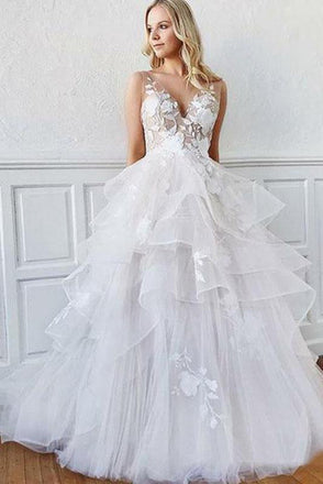 Romantic A-Line V Neck Tiered Appliques Tulle Long Wedding Dresses INM87