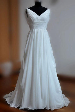 Simple White A-line V-neck Backless Sweep Train Chiffon Cheap Beach Wedding Dresses IN219