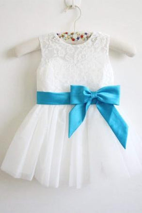 Light Ivory Blue Ribbon Lace Tulle Flower Girl Dress With Blue Sash/Bows IN209