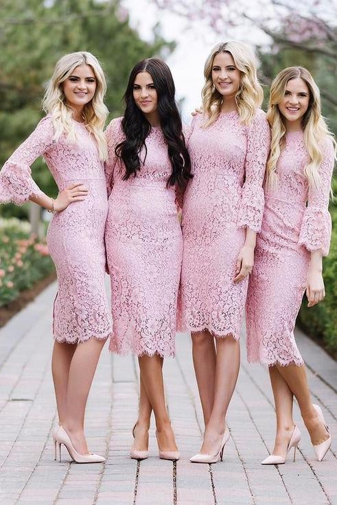 Fashion Sheath Jewel Long Sleeves Pink Lace Knee Length Bridesmaid Dress IN767
