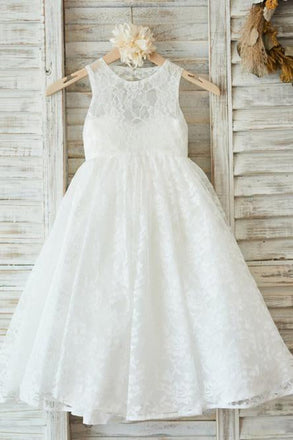 A-Line Jewel Open Back White Lace Flower Girl Dress INP28