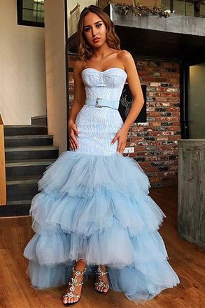 Sky Blue Tulle Sweetheart Neck Long Layered Evening Dress Cheap Prom Dresses INI47