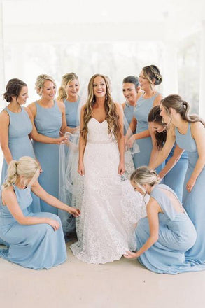 A-Line Round Neck Floor-Length Sky Blue Chiffon Bridesmaid Dresses INR90