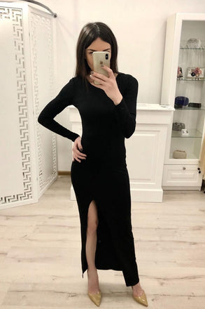 Sheath Long Sleeves Split Black Sexy Prom Dresses, Formal Evening Dresses INI80