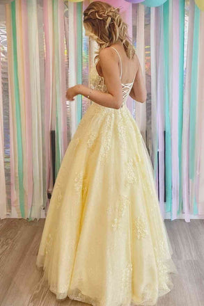 Yellow Lace Appliques A Line Tulle Prom Dresses Spaghetti Strap Formal Gown IN1971
