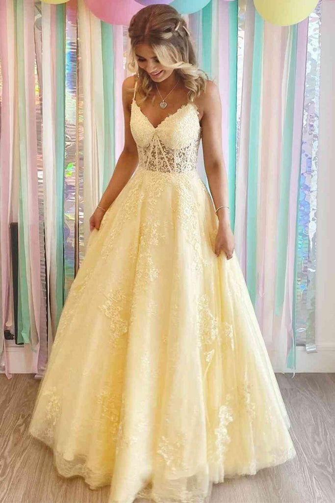 Yellow Lace Appliques A Line Tulle Prom Dresses Spaghetti Strap Formal Gown IN1971